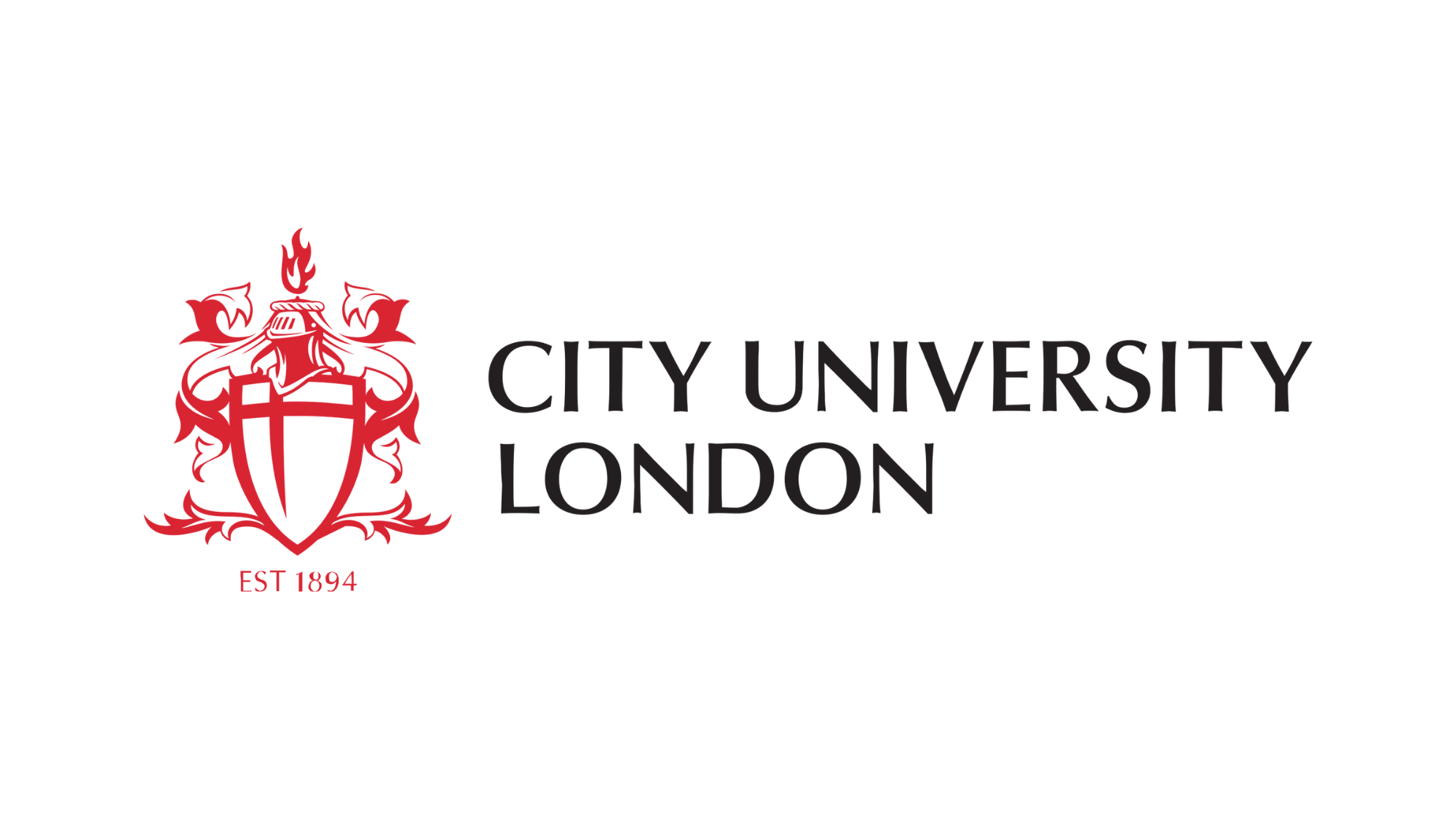 The logo of City University London featuring a red crest with a flame on top, a shield, and a lion, accompanied by the text 'City University London' in black and 'EST 1894' beneath the crest.