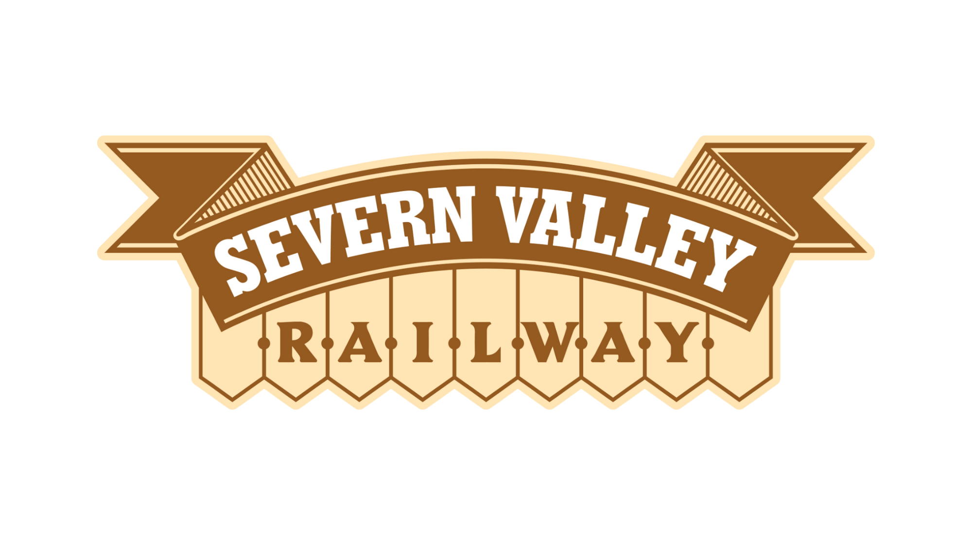 Logo for Seven Valley Railway featuring a brown ribbon banner with white text and a beige background with the word 'RAILWAY' spelled out on hexagonal tiles.