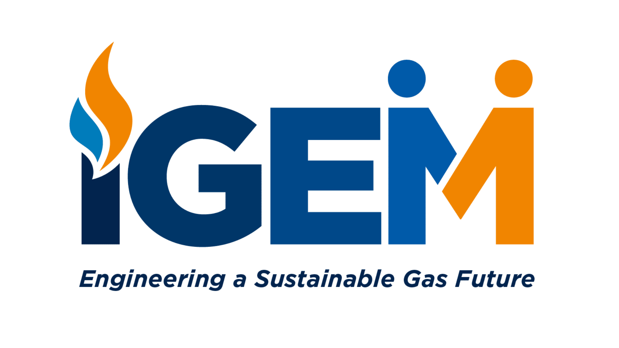 Logo with the word 'IGEM' in bold blue and orange letters, with a flame icon on the letter 'I'. Below, a tagline reads 'Engineering a Sustainable Gas Future' in italics.