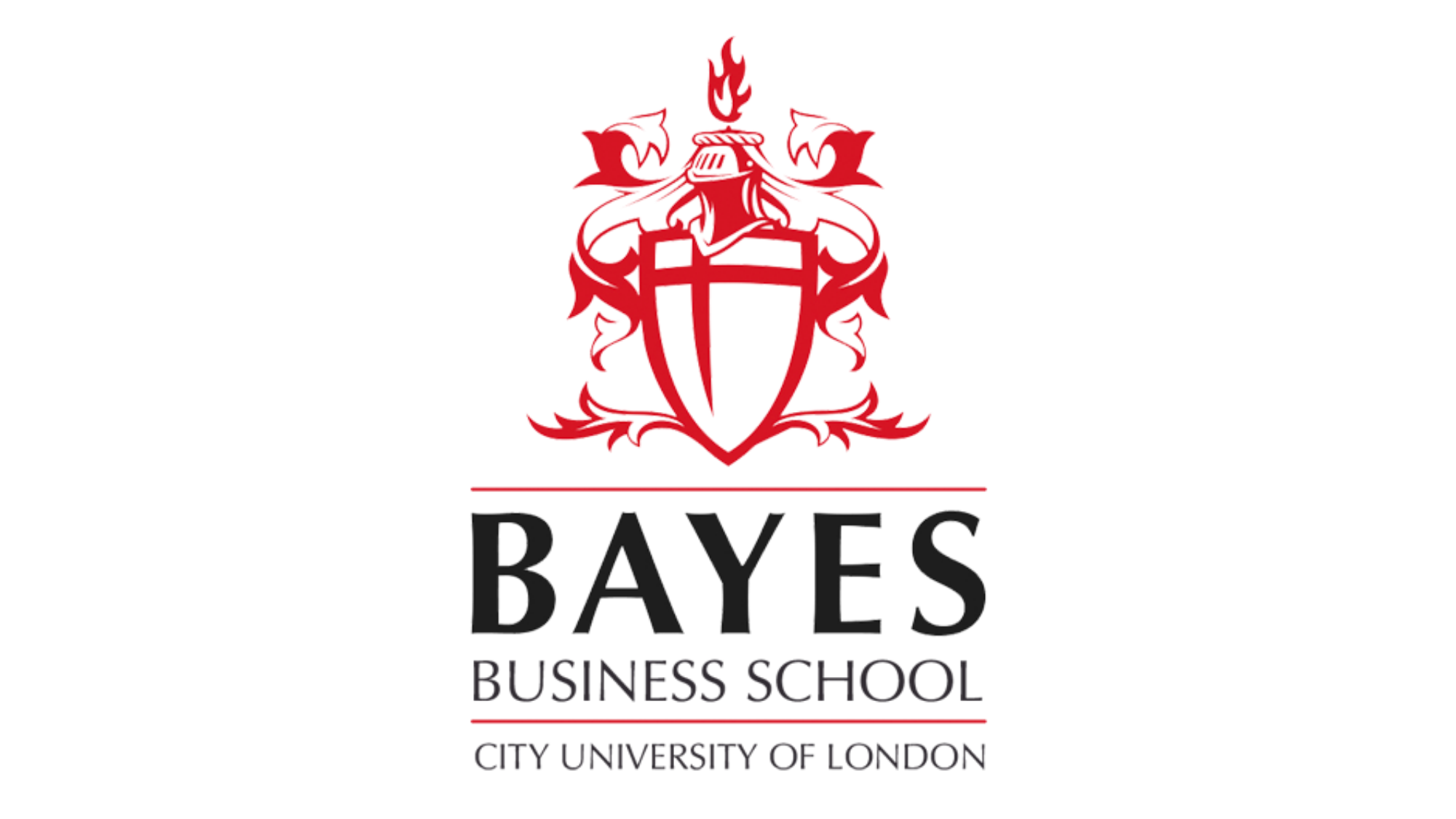 Logo of Bayes Business School, City University of London, featuring a red crest with a shield, helmet, and flames, and the text "BAYES BUSINESS SCHOOL CITY UNIVERSITY OF LONDON".