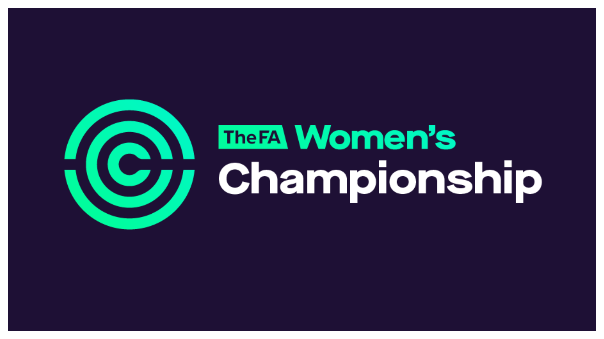 Logo for The FA Women's Championship with a circular maze-like symbol on the left and text on the right that says 'The FA Women's Championship' with 'The FA' in a teal box, 'Women's' in teal and bold, and 'Championship' in white.