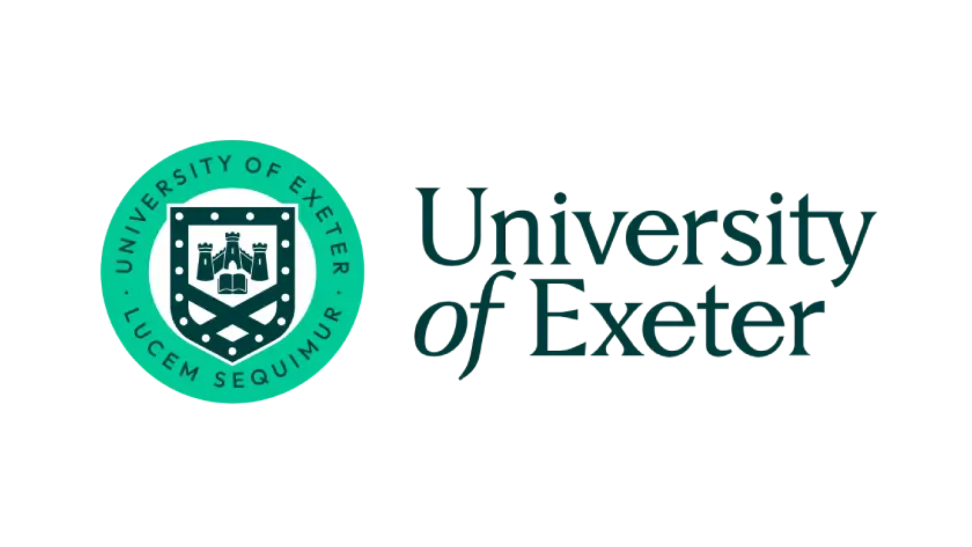 The logo of the University of Exeter featuring a crest with a castle, book, and banners, accompanied by the university's name in stylized font.
