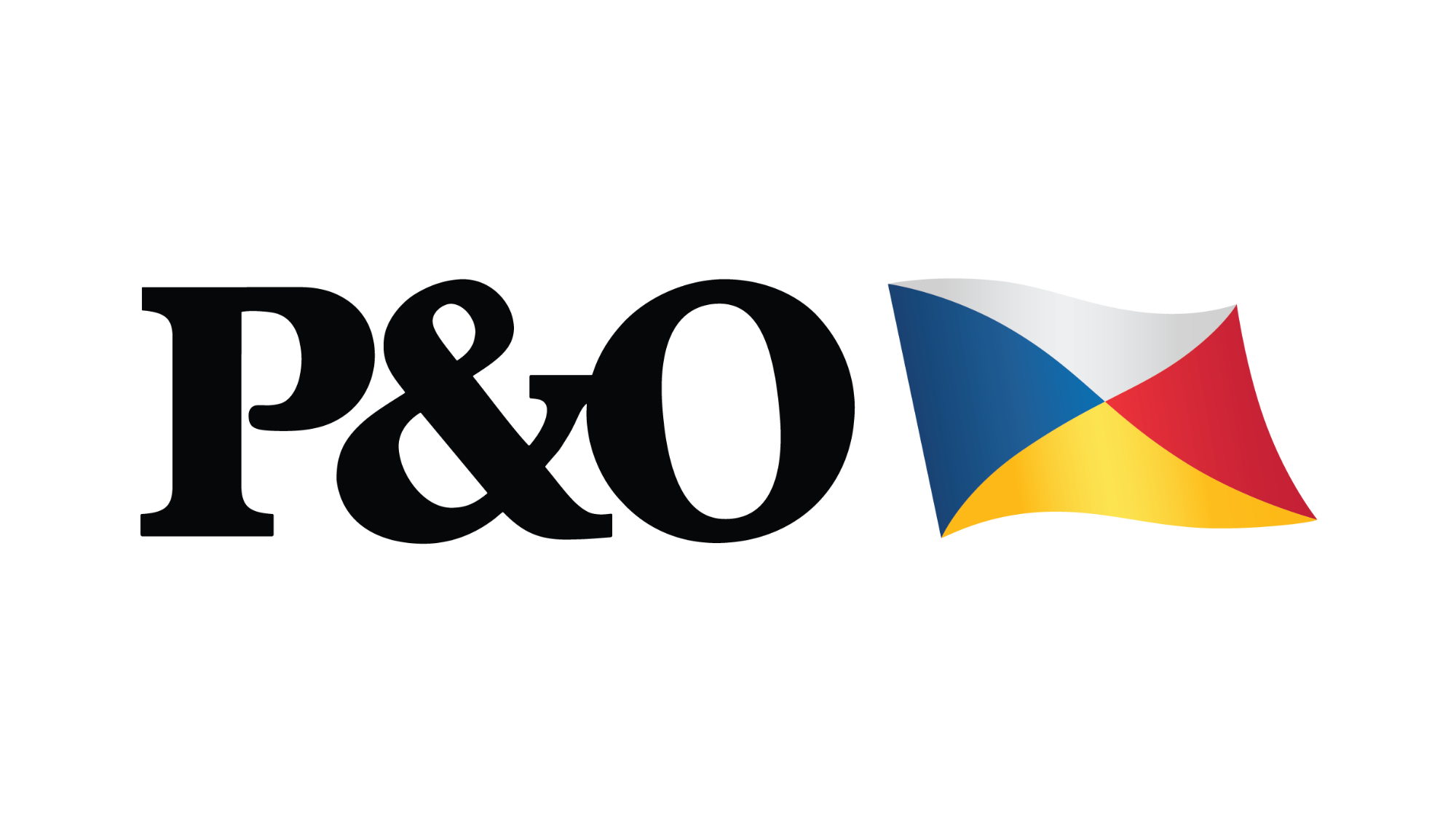 P&O logo with text and a colorful flag with blue, red, yellow, and gray sections.