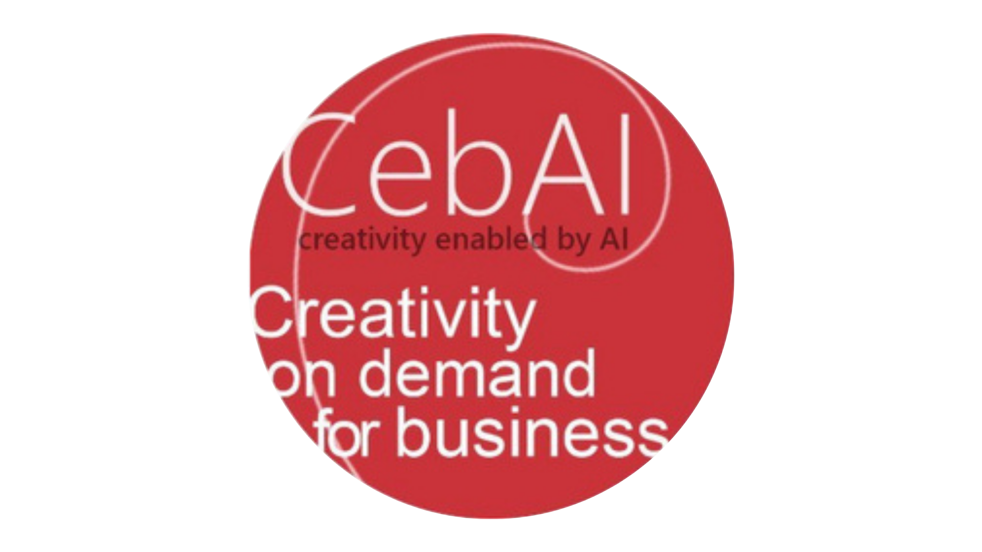 Red circular logo with white text stating "Ceba AI," and smaller black text that says "creativity enabled by AI" and "Creativity on demand for business."