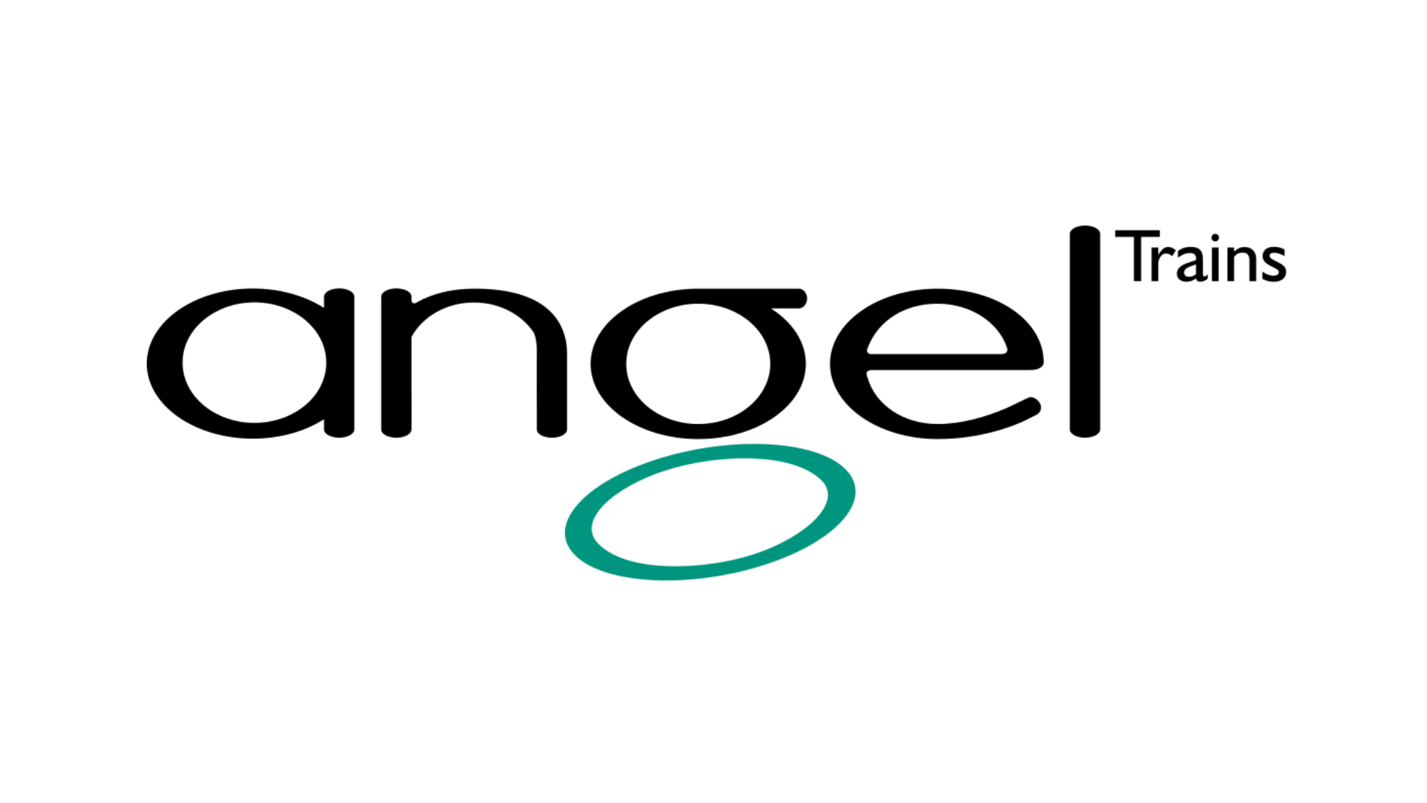 The image features the word 'angel' with the letters 'a', 'n', 'g', 'e', and 'l' in black, and the words 'Trains' in smaller font above the letter 'l'. There is a teal oval shape beneath the word 'angel'.