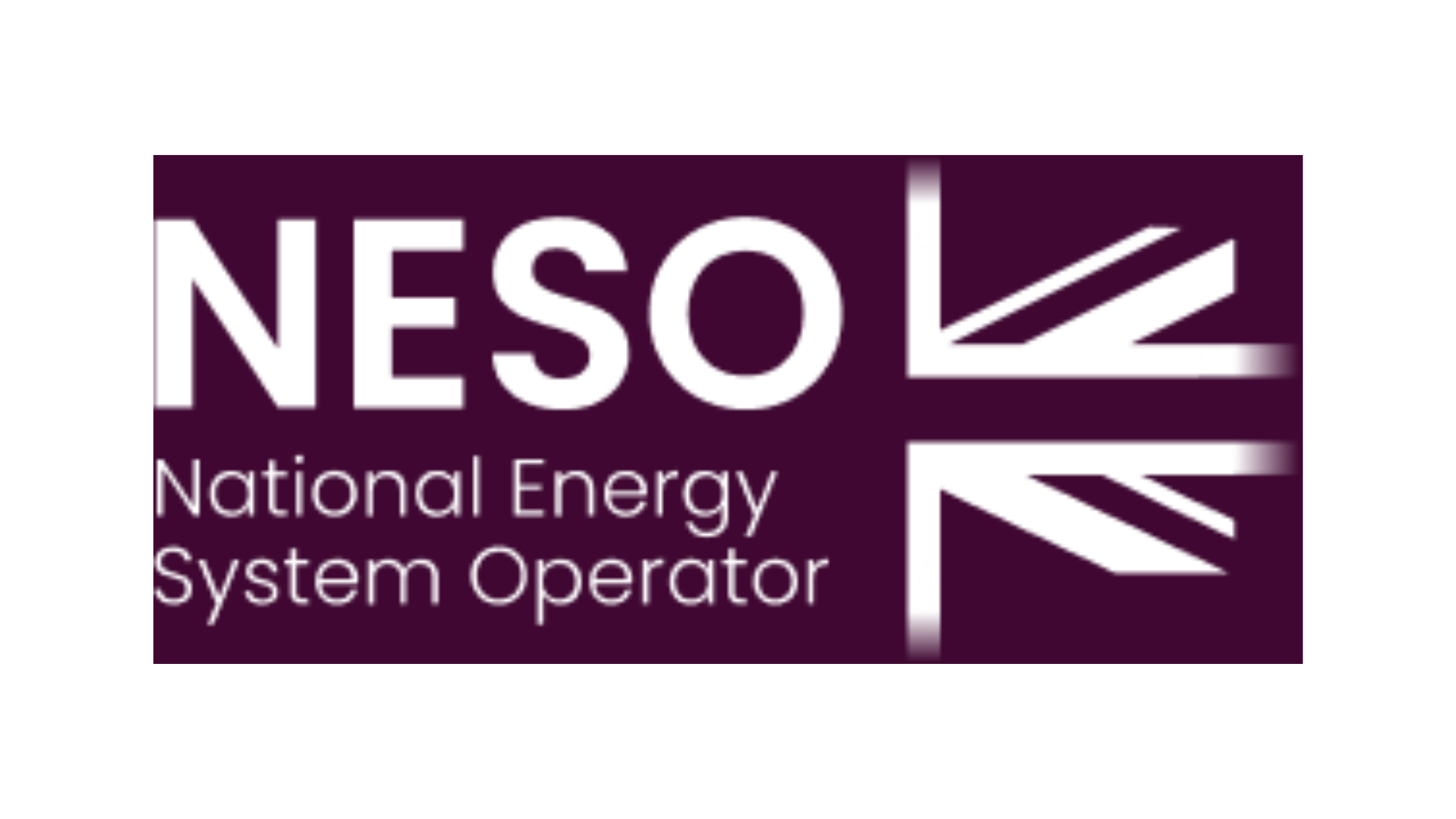 Logo for NESO, National Energy System Operator, with stylized British flags and purple background.
