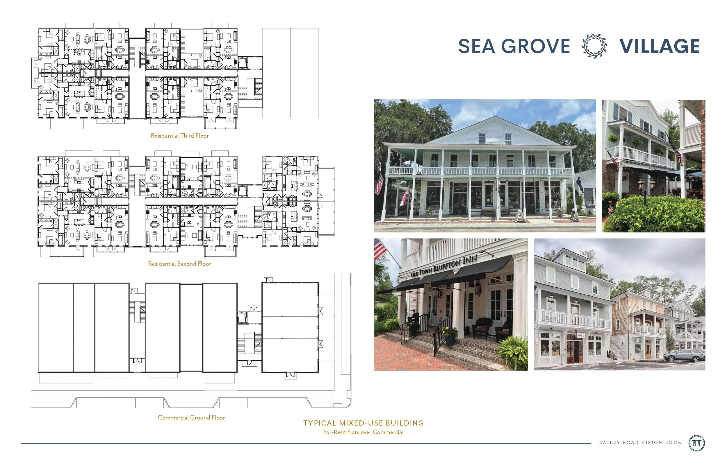 Floor plans of a mixed-use building including residential third and second floors and a commercial ground floor, alongside photos of historic buildings and storefronts, with the label Sea Grove Village.
