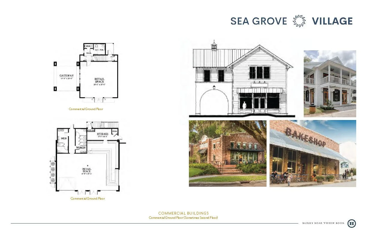 A collage of commercial building images and floor plans including a house, retail storefronts, and a bakery shop, with the heading 'SEA GROVE VILLAGE'.