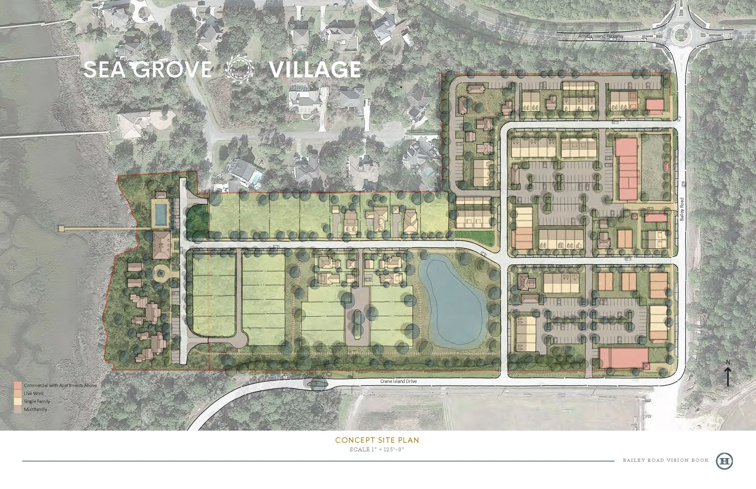 Site plan for Sea Grove Village showing residential areas, a pond, roads, parking, and landscaped spaces.