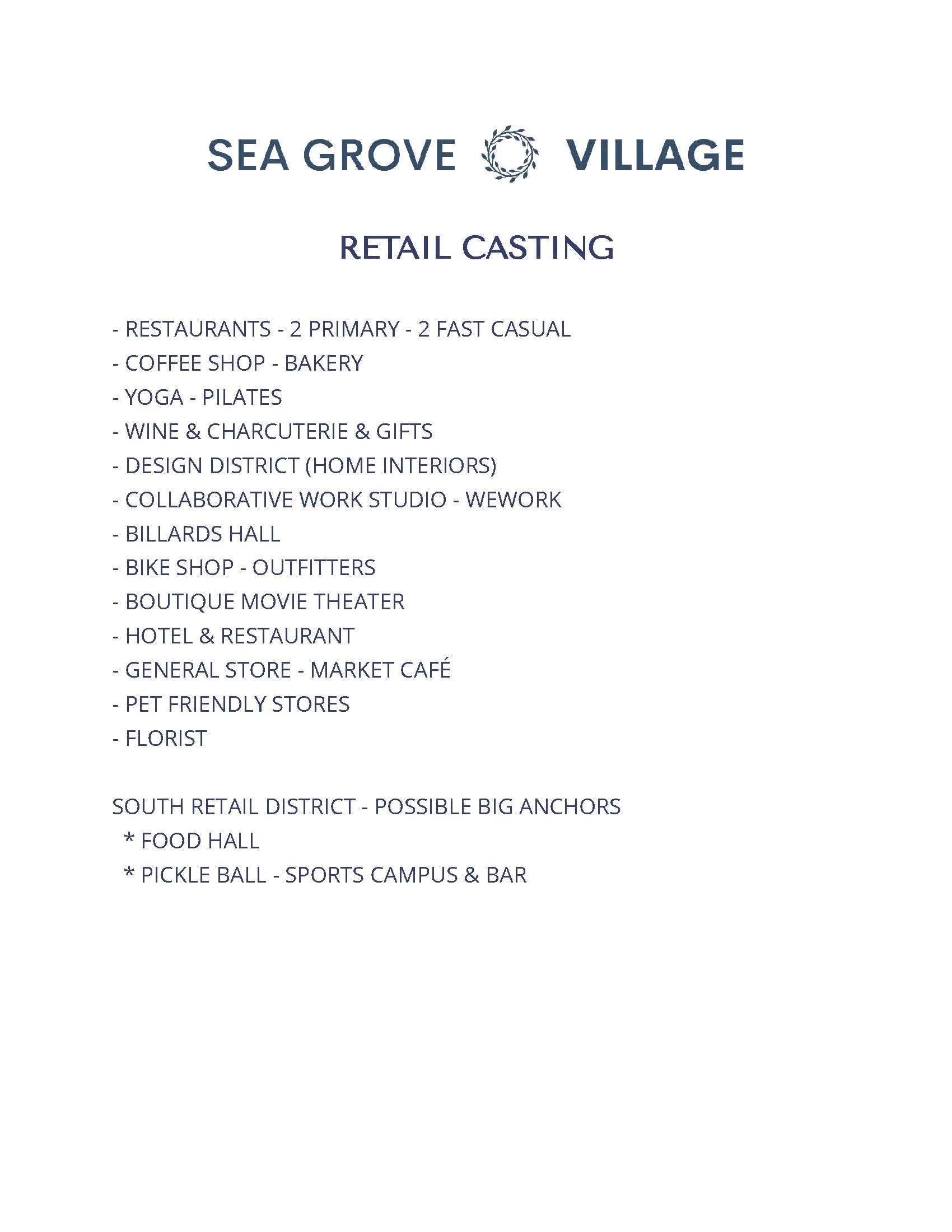 List of retail businesses at Sea Grove Village, including restaurants, coffee shop, bakery, yoga, pilates, wine and charcuterie, design district, co-working space, billiards, bike shop, movie theater, hotel, market cafe, pet stores, florist, and Sout