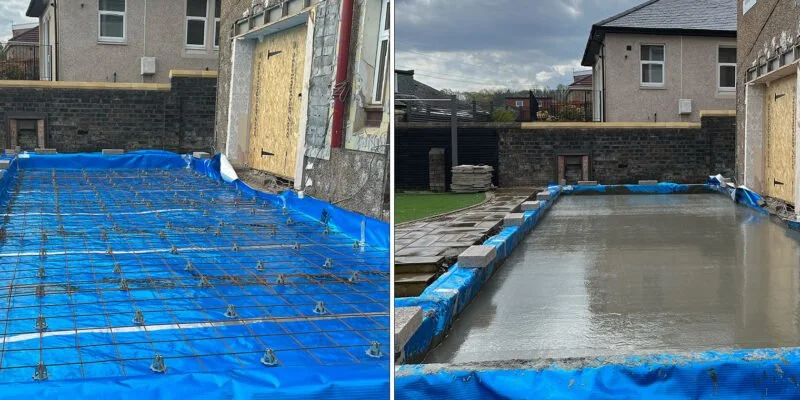 Side-by-side photos of a construction site, showing a blue tarp with reinforcement wire on a concrete slab, first empty and then with a fresh layer of poured concrete.