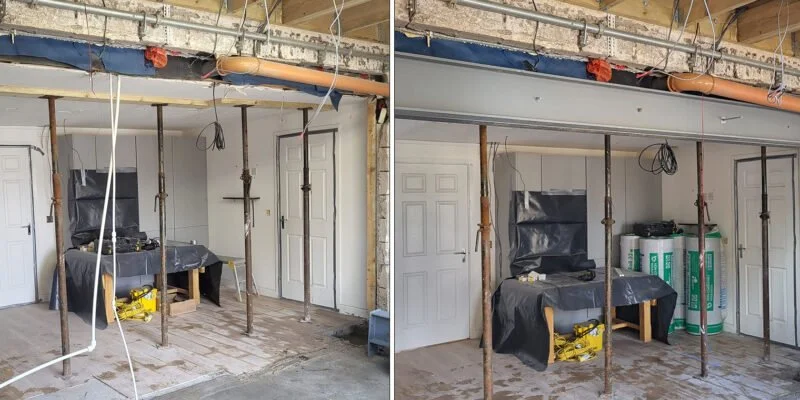 Before and after images of a room renovation showing drywall, doors, and construction materials.