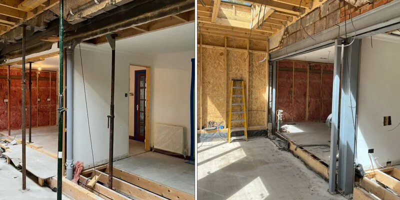 Two side-by-side photos of an indoor construction site showing framing, exposed pipes, and partial drywall installation, with construction materials and tools present.