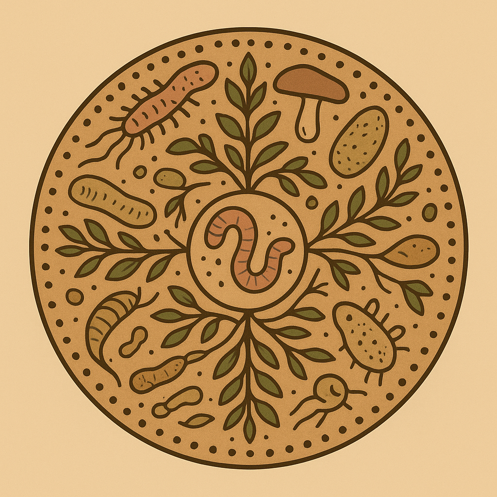 Illustration of various microscopic bacteria and microorganisms inside a circular frame, with leaf-like branches extending from a central worm.