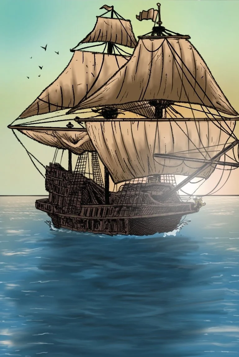 A drawing of a large sailing ship with beige sails on ocean water, and a few birds flying in the sky in the background.