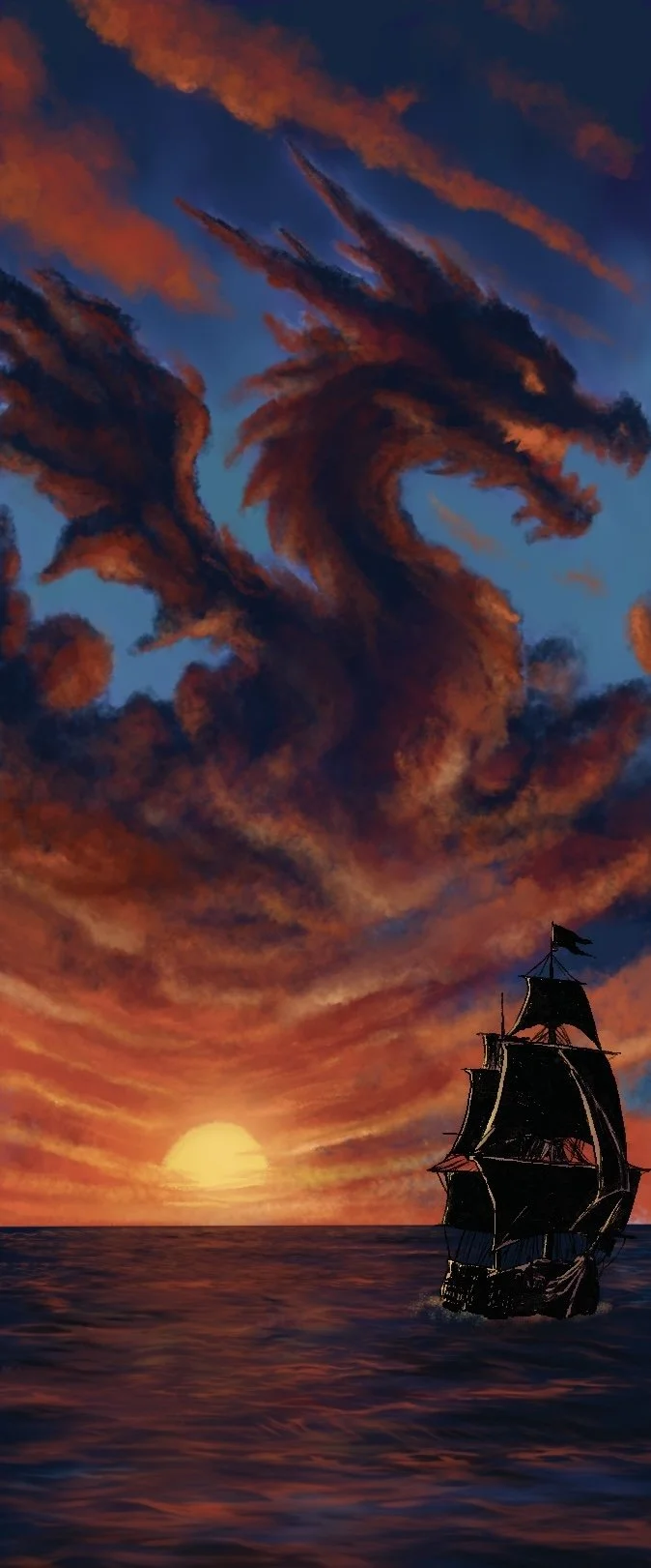 A ship sailing on the ocean during sunset with dramatic, fiery clouds in the sky.