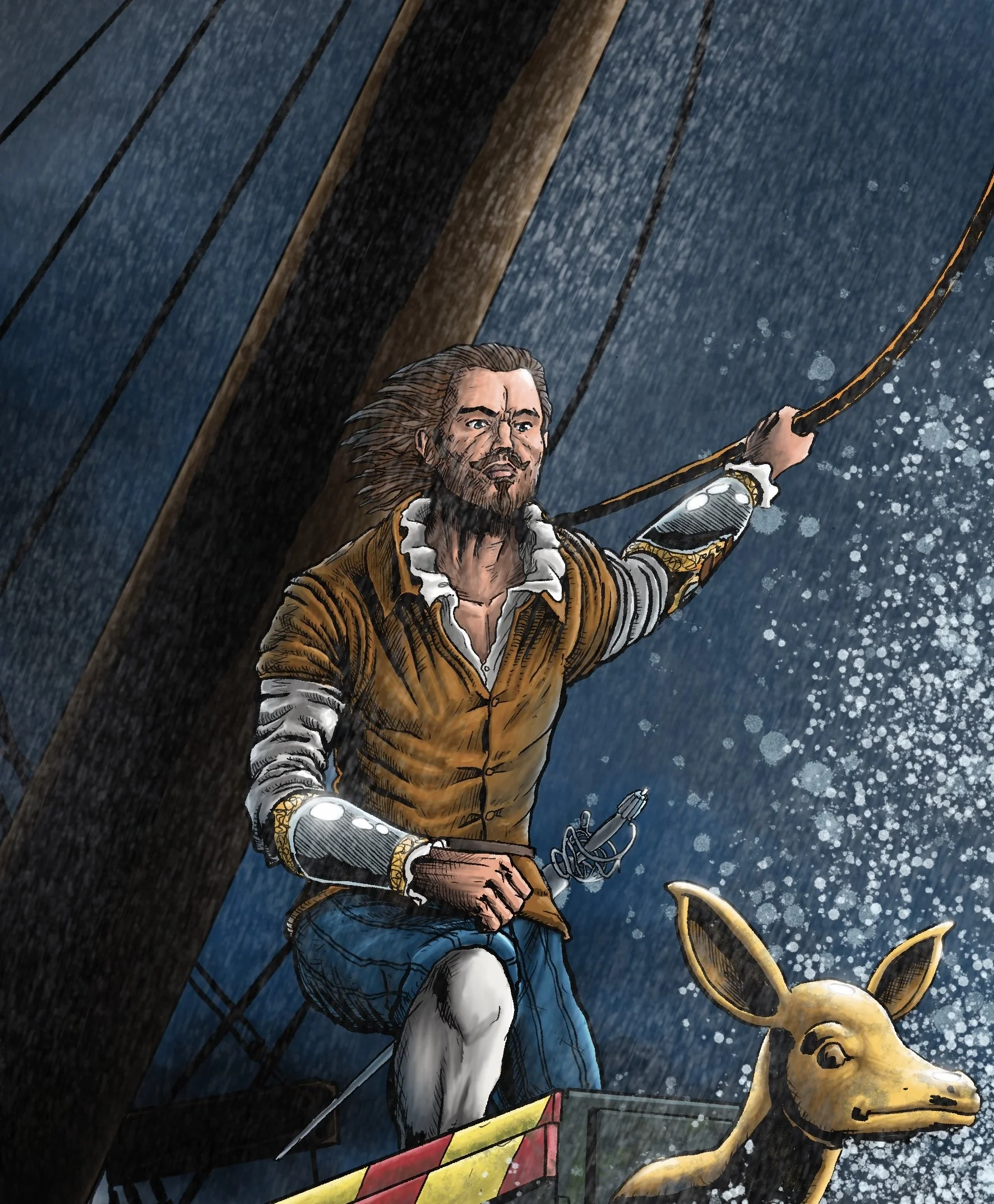 A man with long hair and a beard, dressed in 17th-century clothing, is on a ship in a storm, holding a rope while looking forward, with a deer figurehead on the ship.