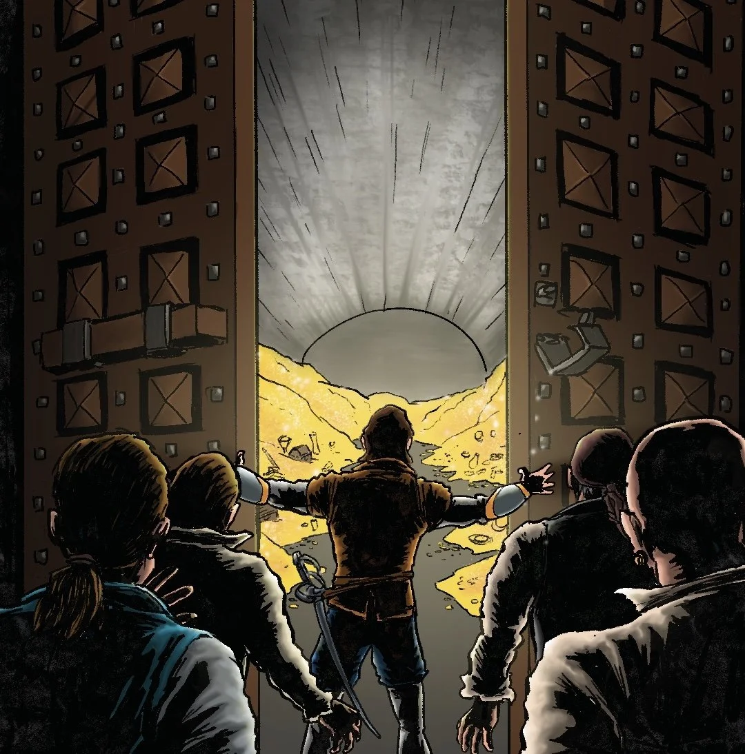 A group of five people looking out of a large open door showing a bright sun rising or setting over a mountainous landscape with golden sands or rocks.