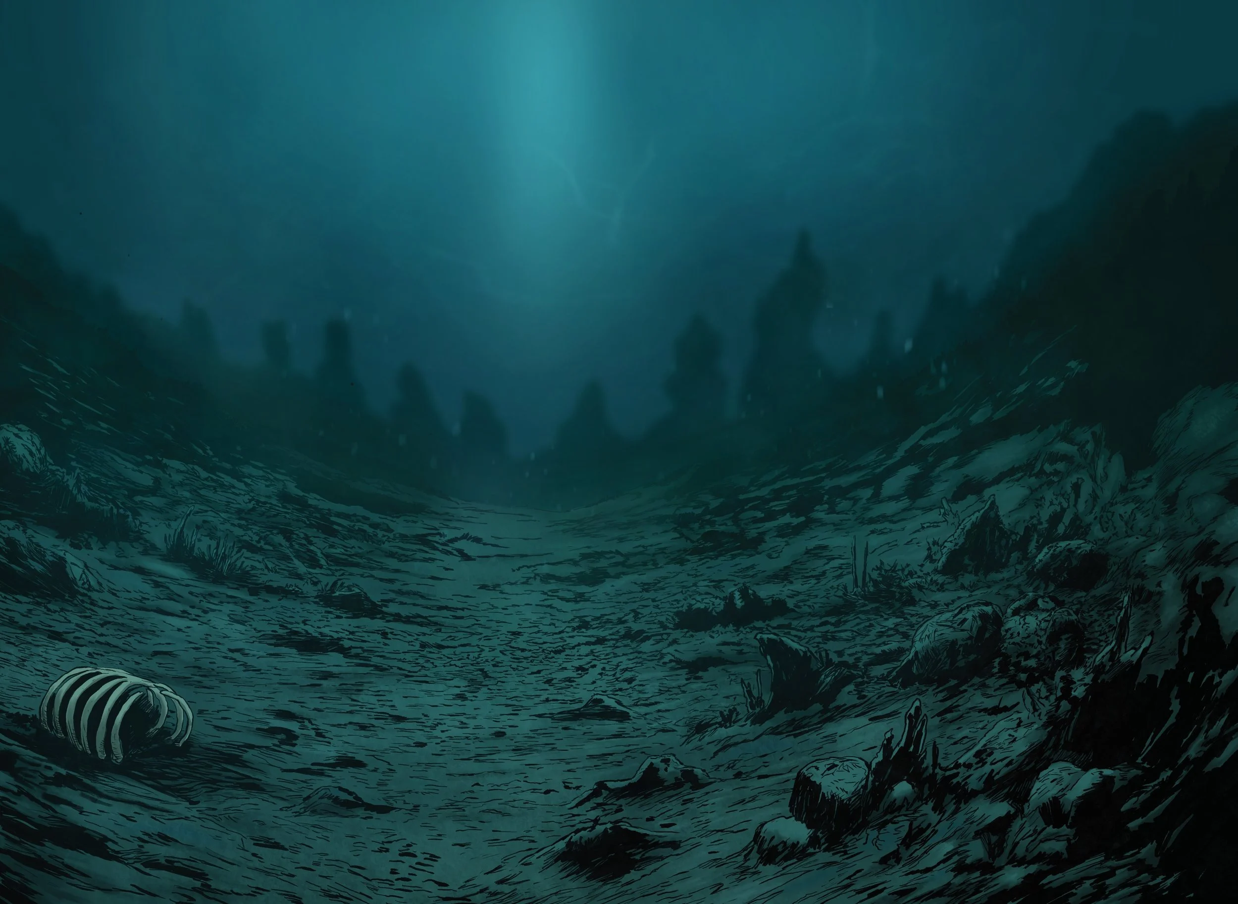 Underwater scene with a sunken shipwreck and a skeleton in the foreground.