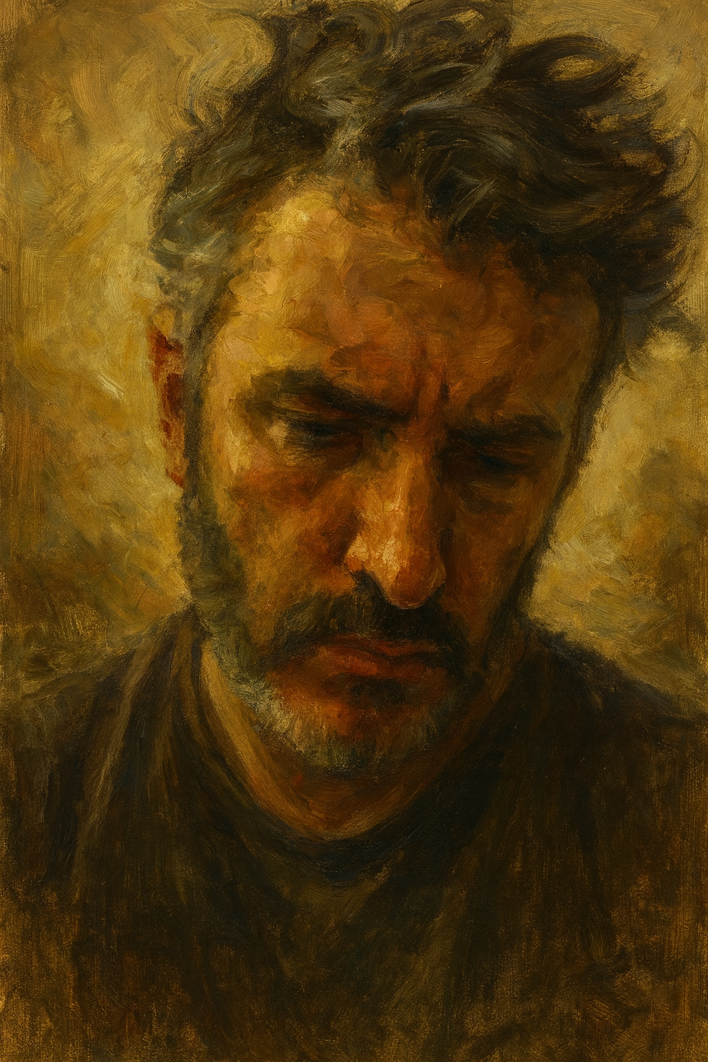 A close-up portrait of a man with closed eyes, dark hair, and facial hair painted in warm, earthy tones.