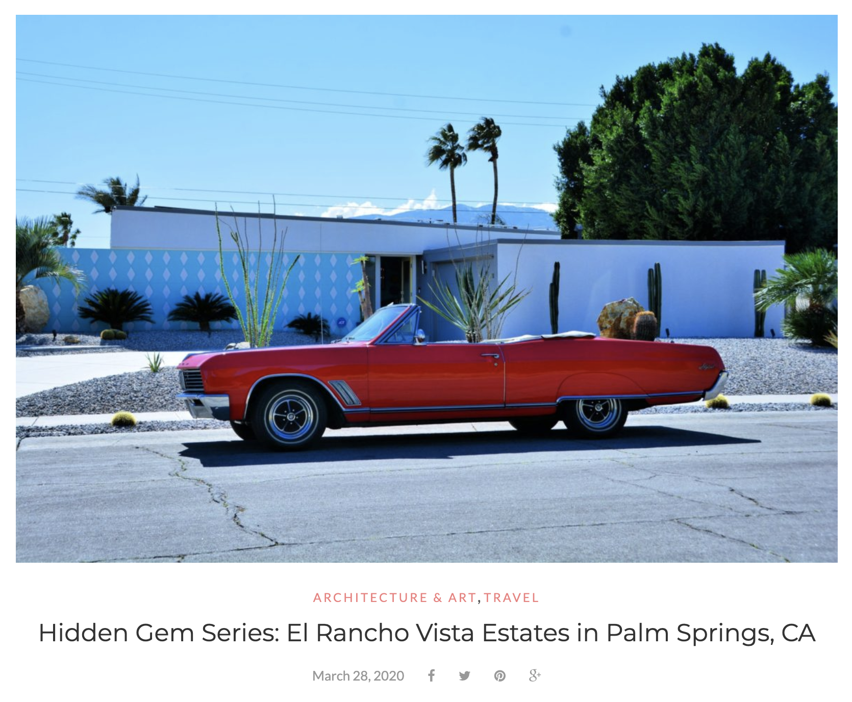 A vintage red convertible car parked on a desert-style landscaped street in Palm Springs, California, with a mid-century modern house and palm trees in the background.