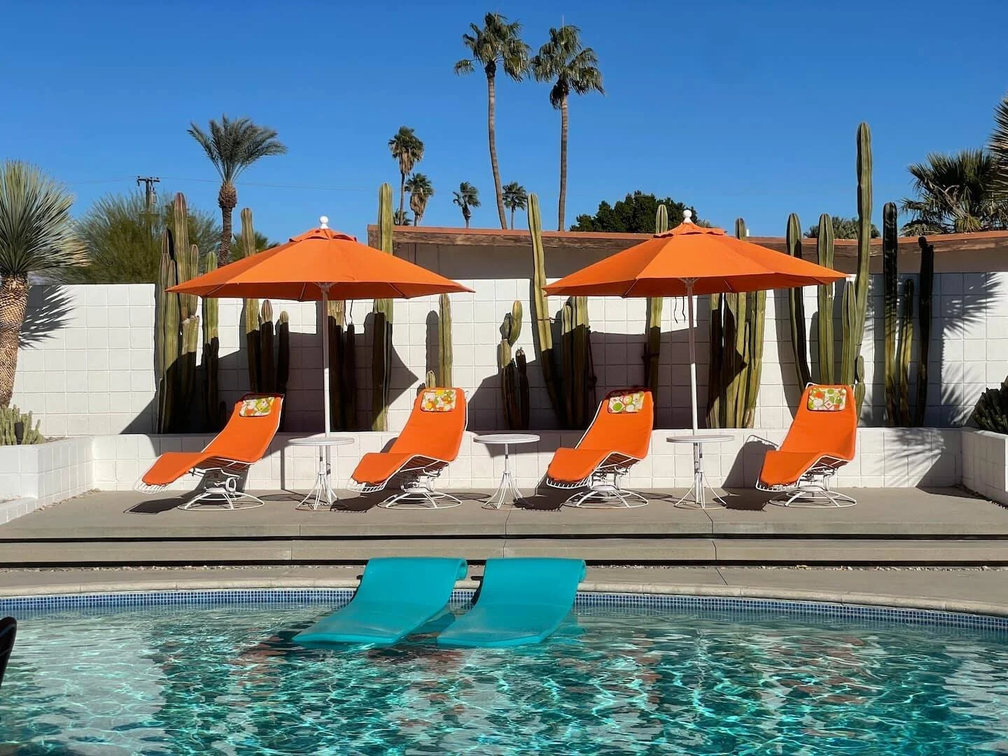 Swimming pool area with two turquoise lounge chairs and two orange umbrellas, surrounded by a white wall and cactus plants, with palm trees in the background under a clear blue sky.