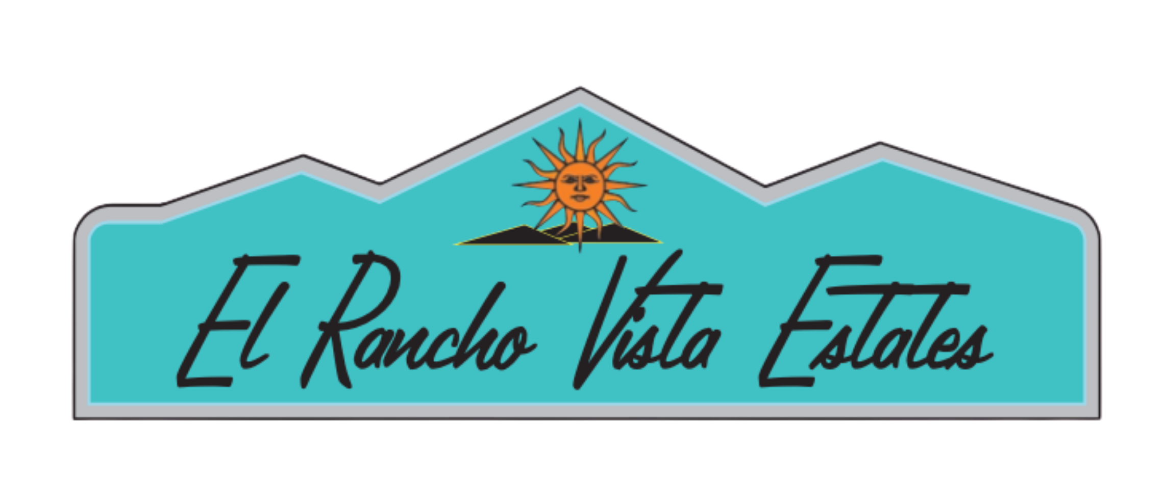 Sign for El Rancho Vista Estales, featuring a stylized mountain outline, a sun with a face and radiating rays, and the name written in cursive font.