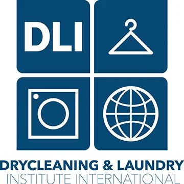 Logo for DLI Drycleaning & Laundry Institute International with icons of a hanger, washing machine, and globe.