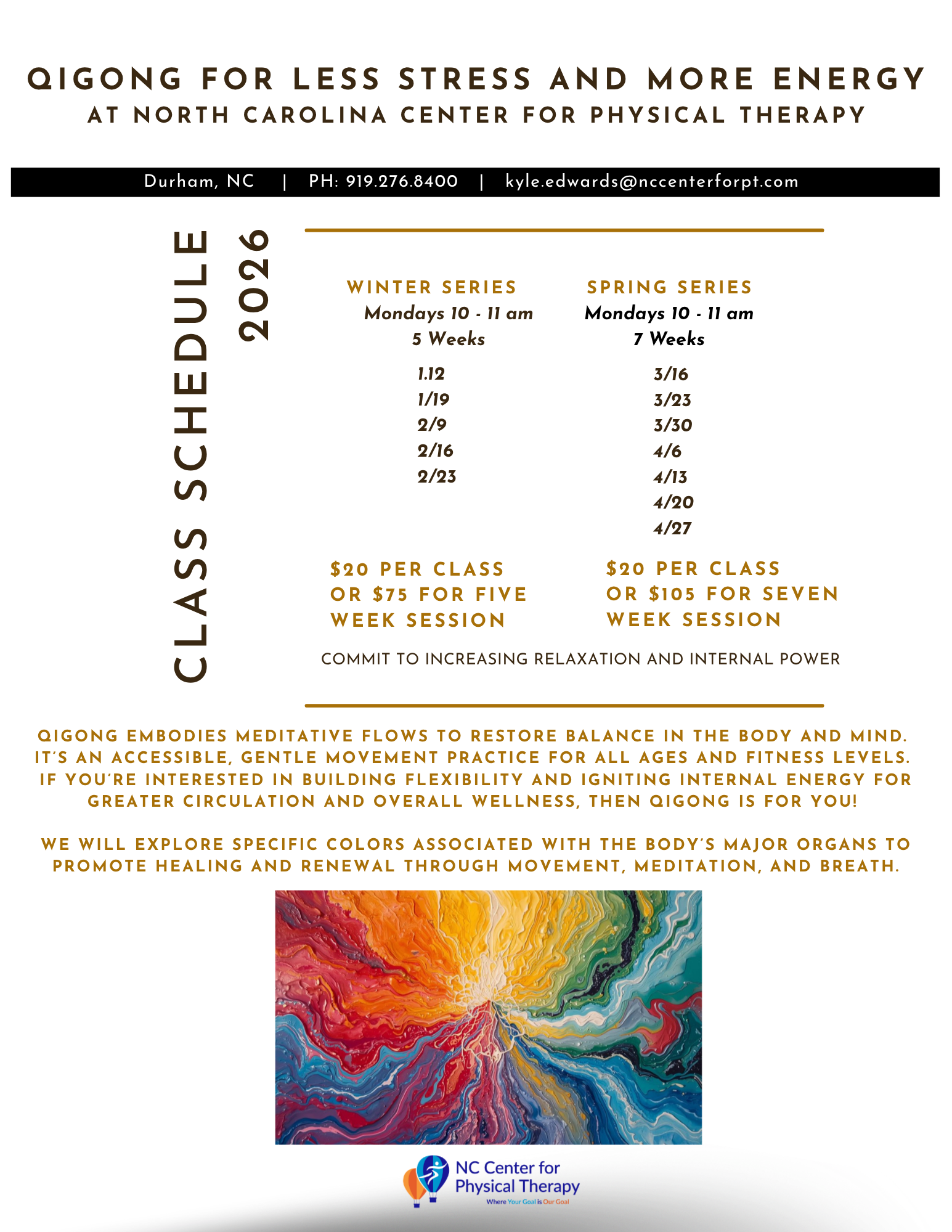 Qigong Classes at North Carolina Center for Physical Therapy