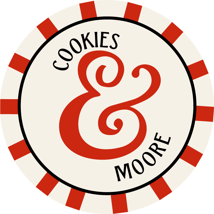 A round logo for Cookies & Moore with red and white striped border and the words 'Cookies & Moore' around a large ampersand in the center.