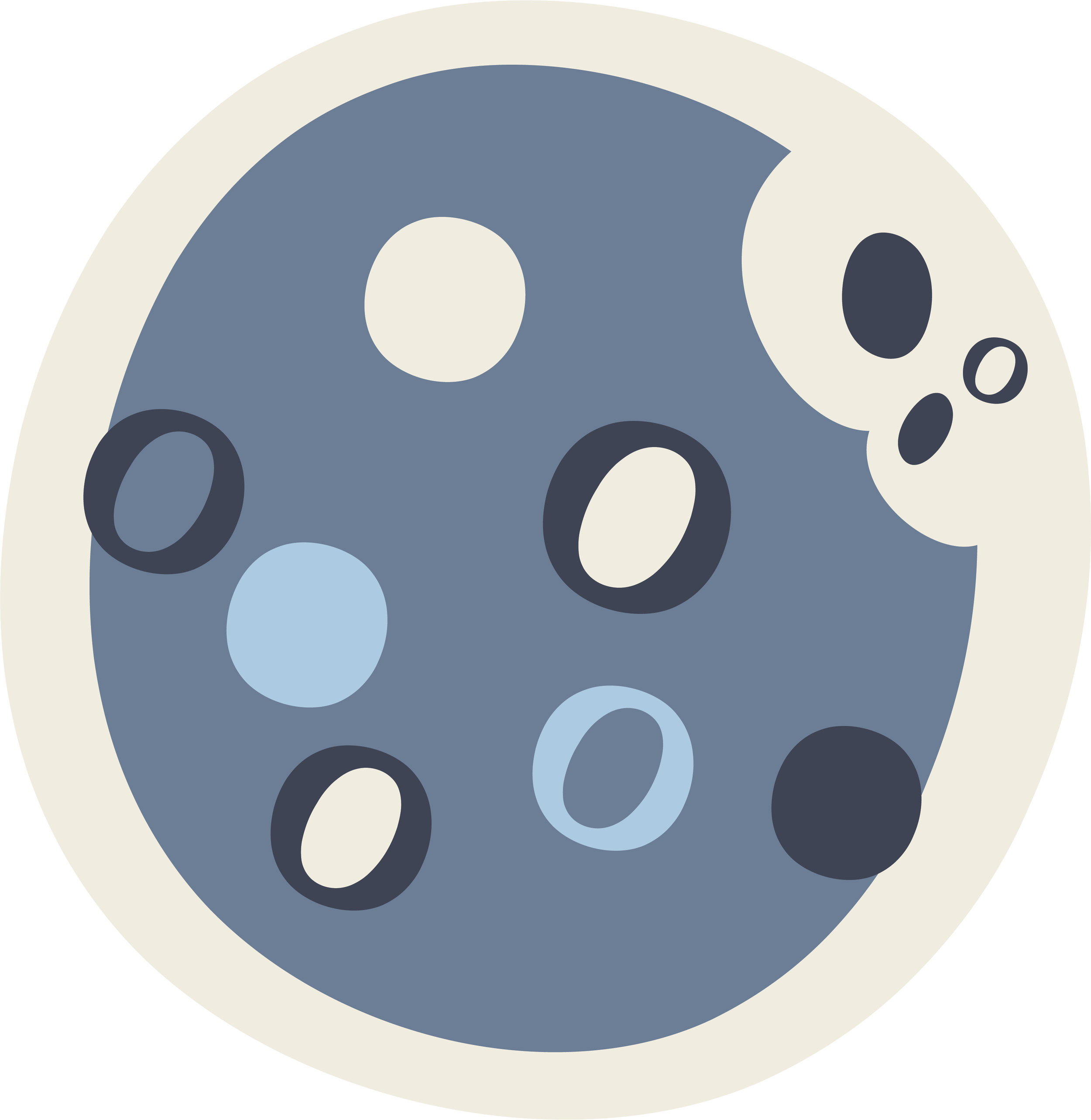 A stylized depiction of a plate of assorted cookies in shades of blue and cream.