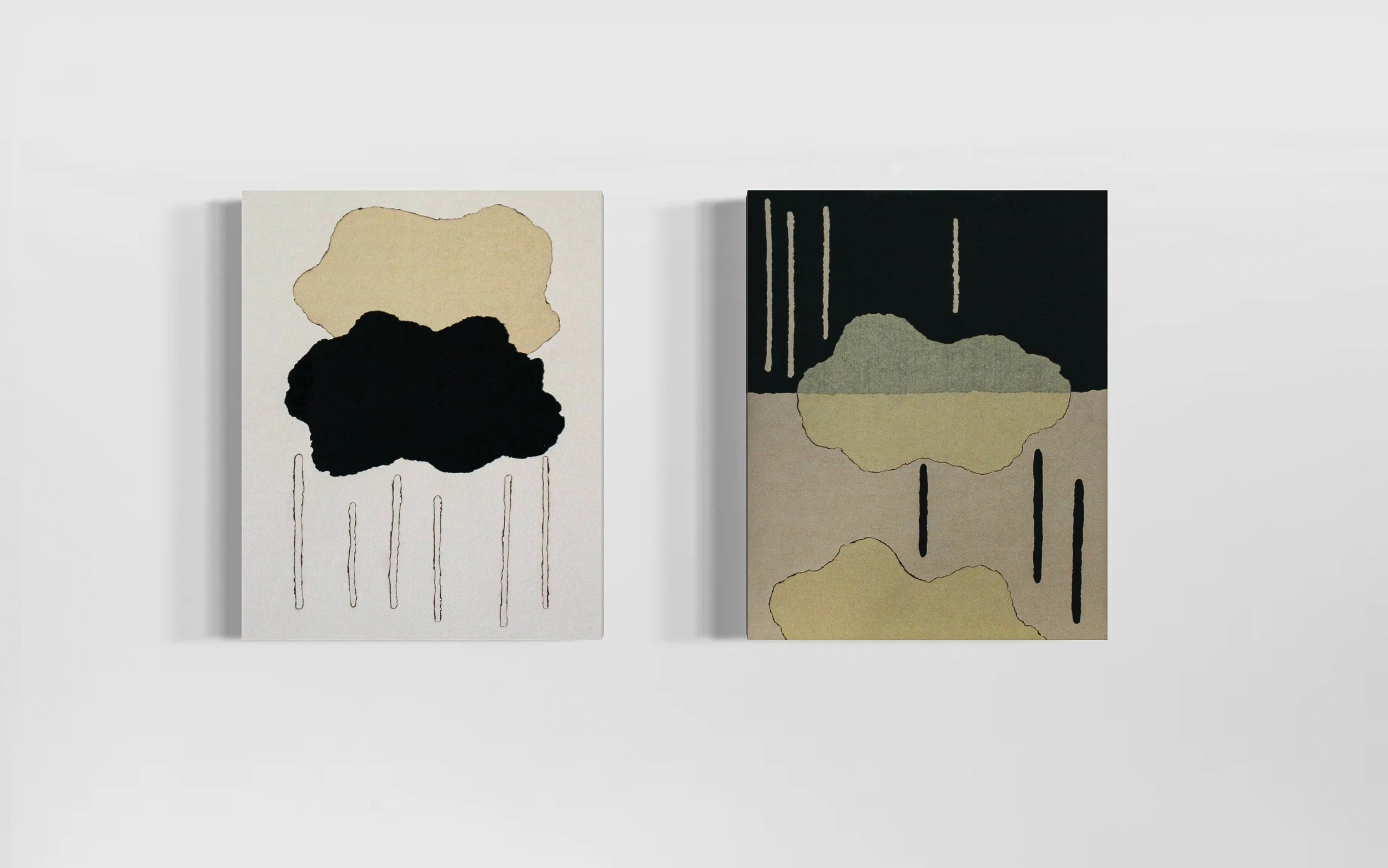 Left: KUMORI / 2024 / Burnt Color Paper on Wood / 20 x 16  Right: CROSSING THAT THRESHOLD / Burnt Color Paper on Wood / 20 x 16