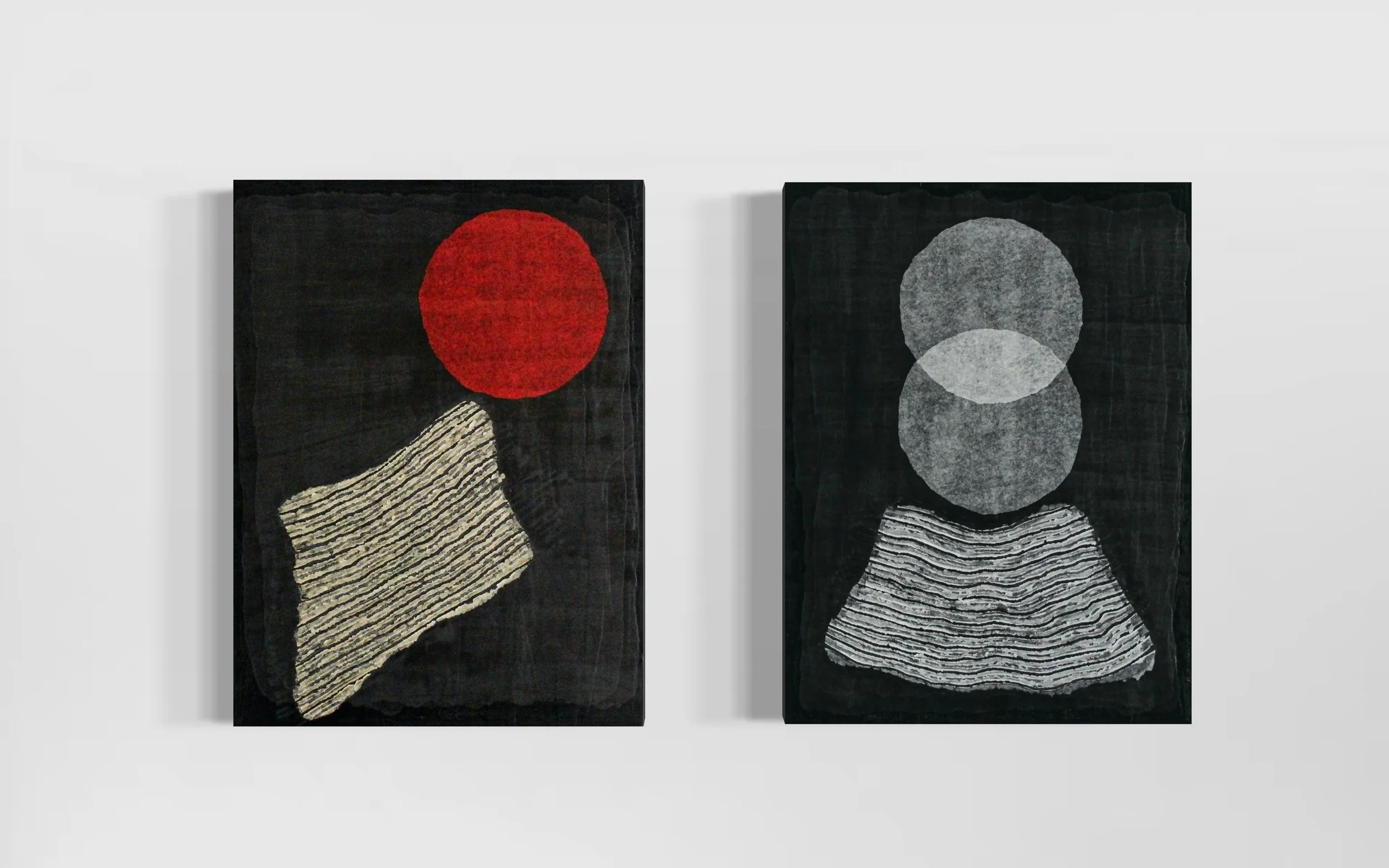 Left: HYPNOGOGIA I / 2023 / Color Paper on Wood / 24 x 18  Right: OUR TIME / 2023 / Color Paper on Wood / 24 x 18