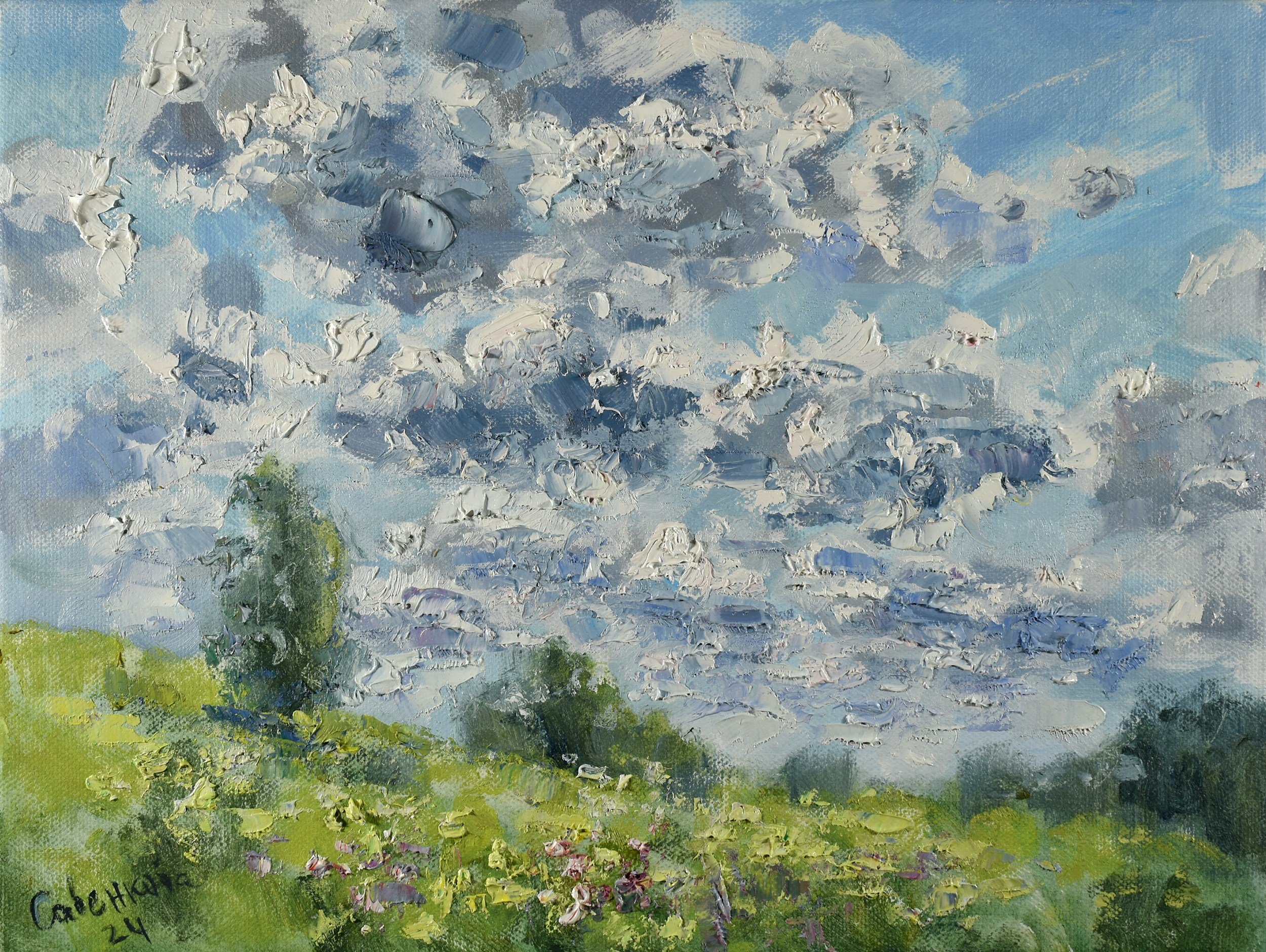 An impressionist landscape painting featuring a blue sky with fluffy clouds, green rolling hills, and a small patch of flowers.
