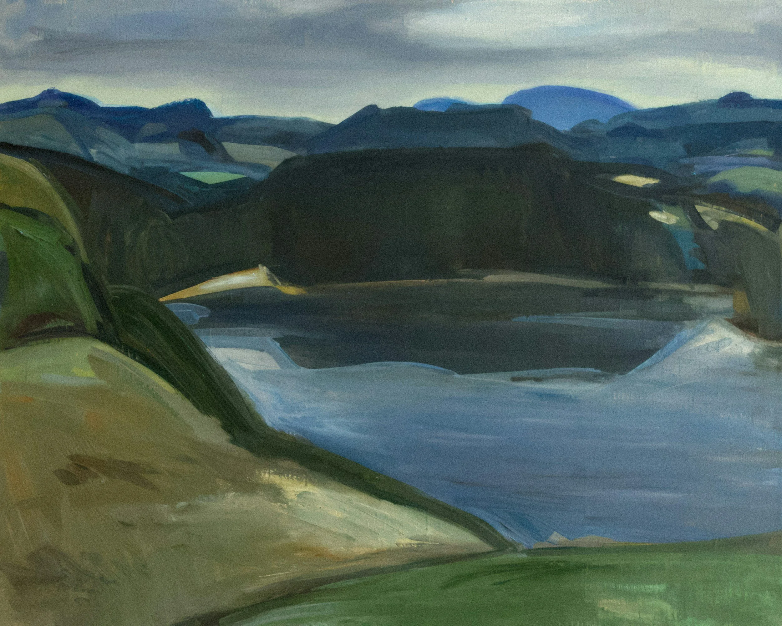 An abstract painting of a lake, mountains, and sky.