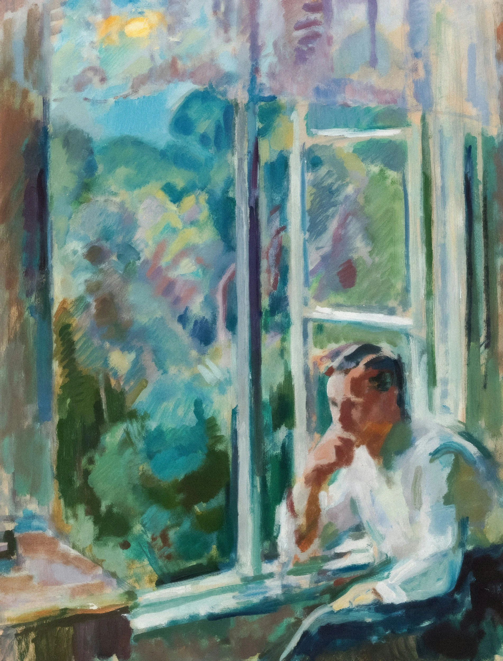 An abstract painting depicting a man sitting and thinking next to an open window.