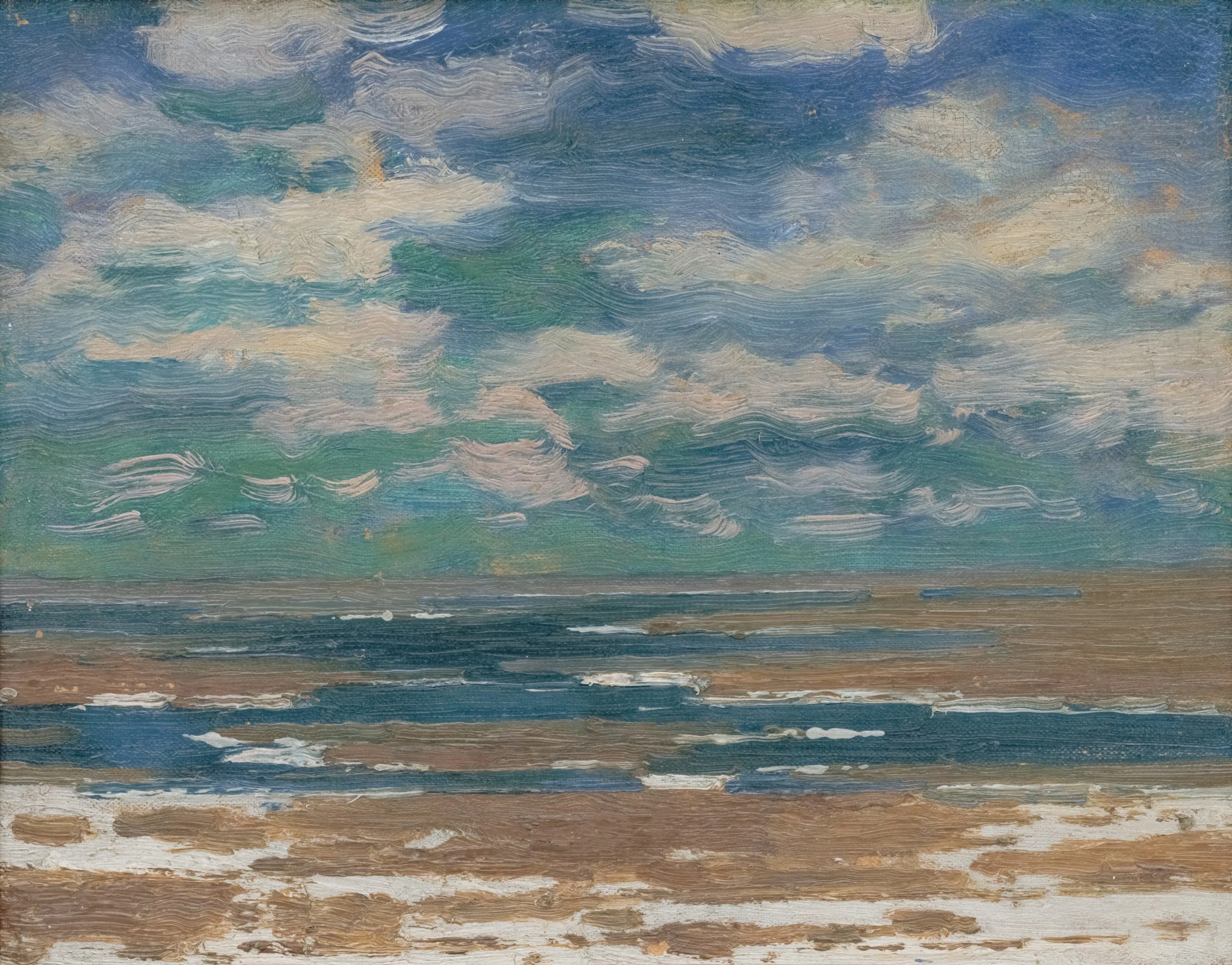Water with waves painted in shades of blue, green, brown, and white, with visible brushstrokes and textured lines.