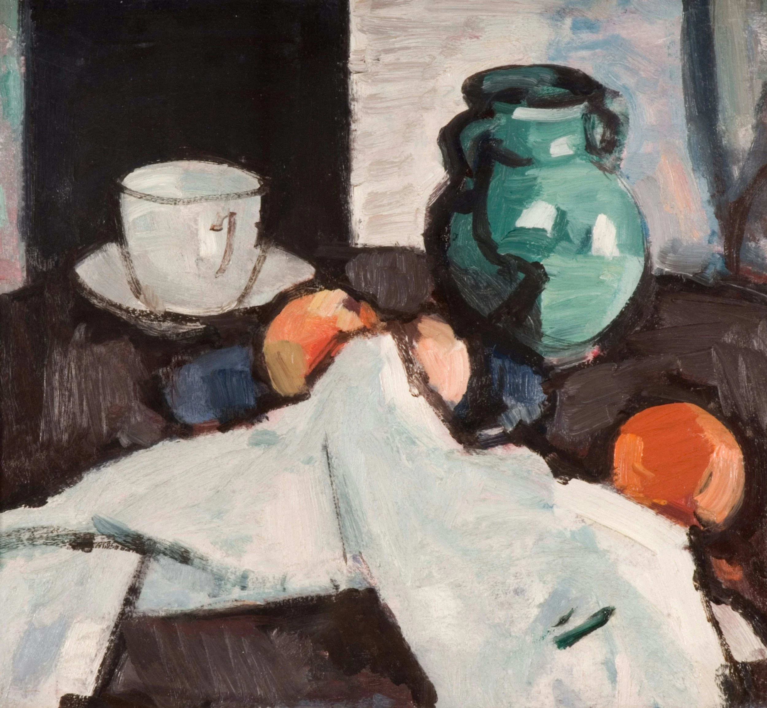 A still life painting featuring various objects including a napkin, a cup, an orange, and a green pitcher.