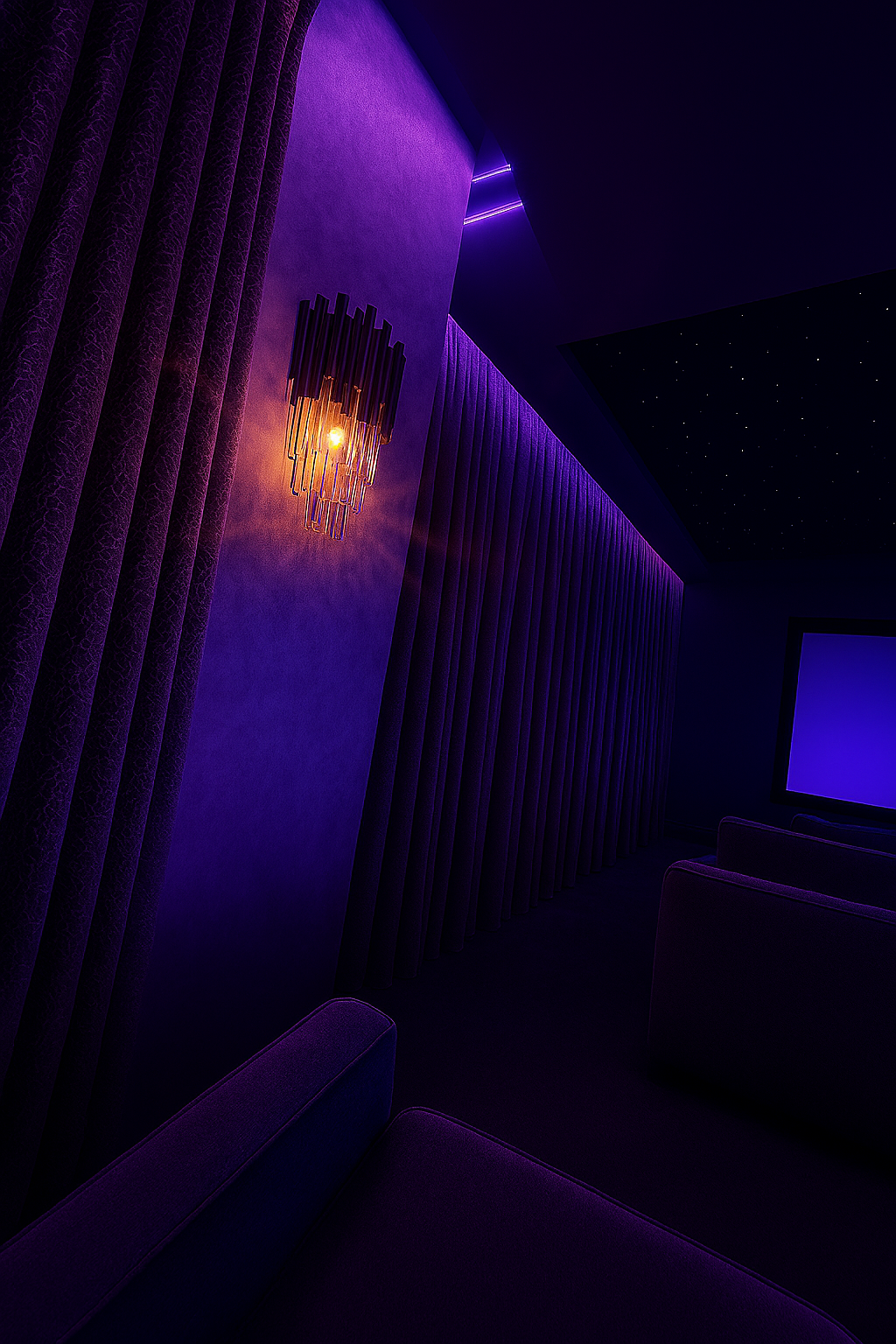 Luxurious home theater with purple lighting, velvet curtains, starry ceiling, and a large screen.