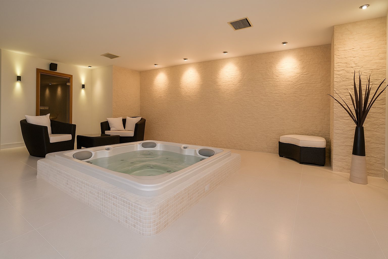 Luxurious indoor spa room with a hot tub, black armchairs, a white cushioned bench, and decorative plants, featuring warm lighting and beige textured walls.