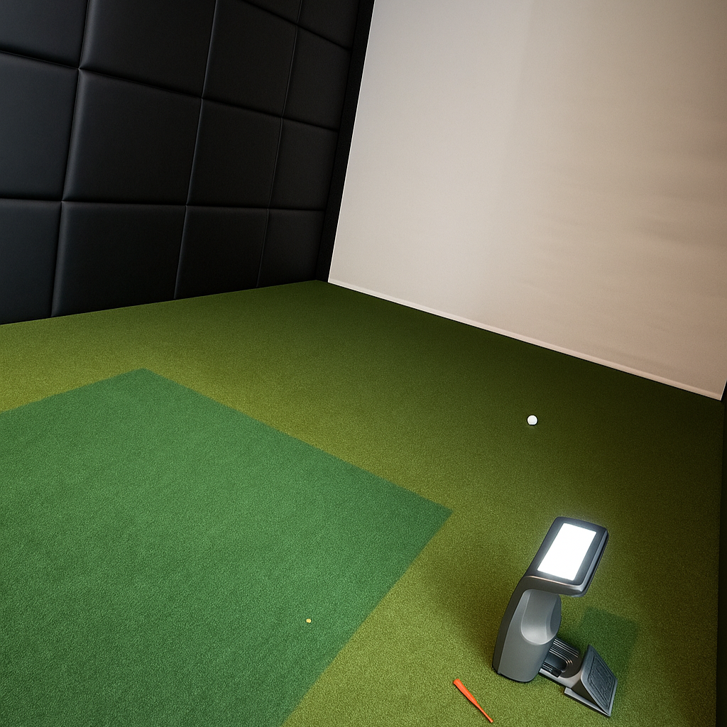 Indoor golf simulator room with artificial turf, a golf ball, a screen or projector, and a golf swing analyzer or launch monitor.