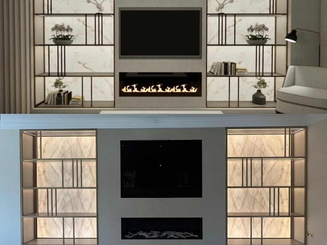 Living room with TV and modern fireplace between built-in shelves with backlit marble panels.