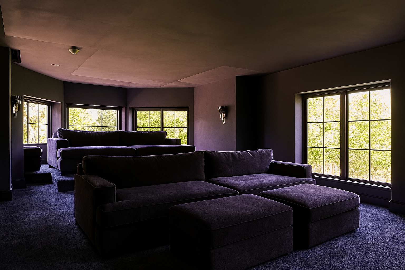 Dark living room with large sofas and three windows letting in bright natural light, overlooking green trees outside.