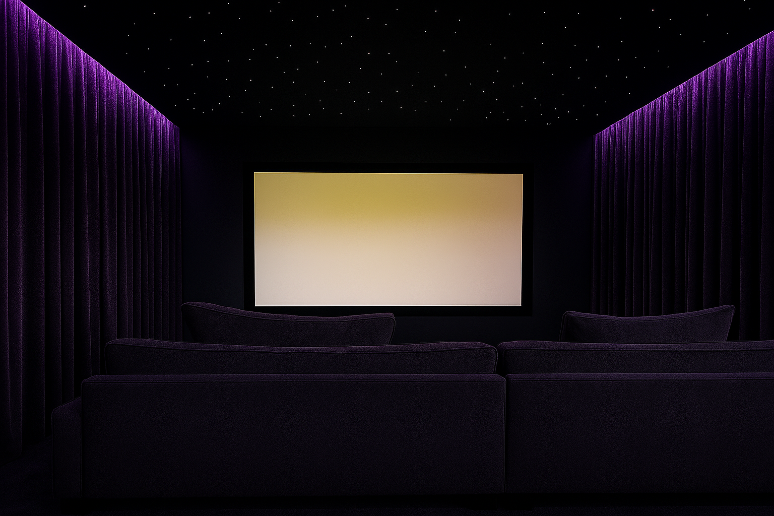 A dark, futuristic home theater with purple velvet armchairs, a large screen, star-like ceiling lights, and purple velvet curtains on the walls.