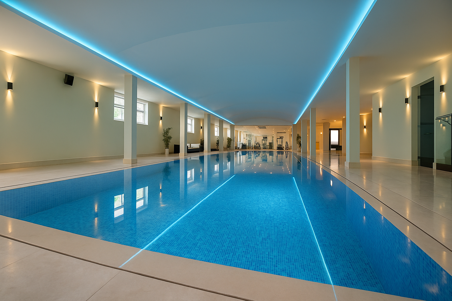 Indoor swimming pool with blue LED ceiling lights, white walls, potted plants, and gym equipment in the background.