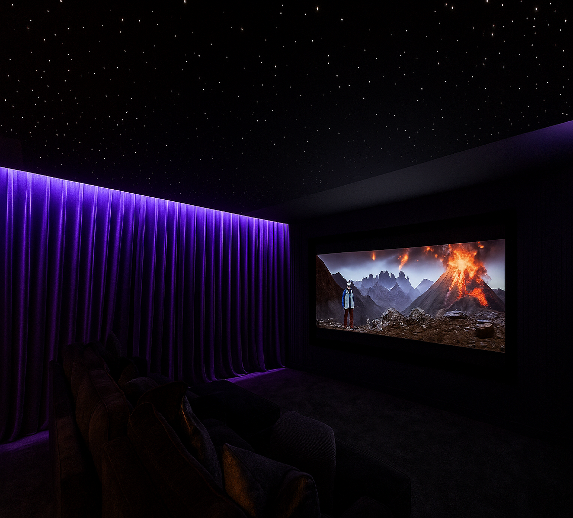 Luxurious private home theater with starry ceiling, purple velvet curtains, and a large screen displaying a volcanic landscape with a person standing near erupting volcanoes.