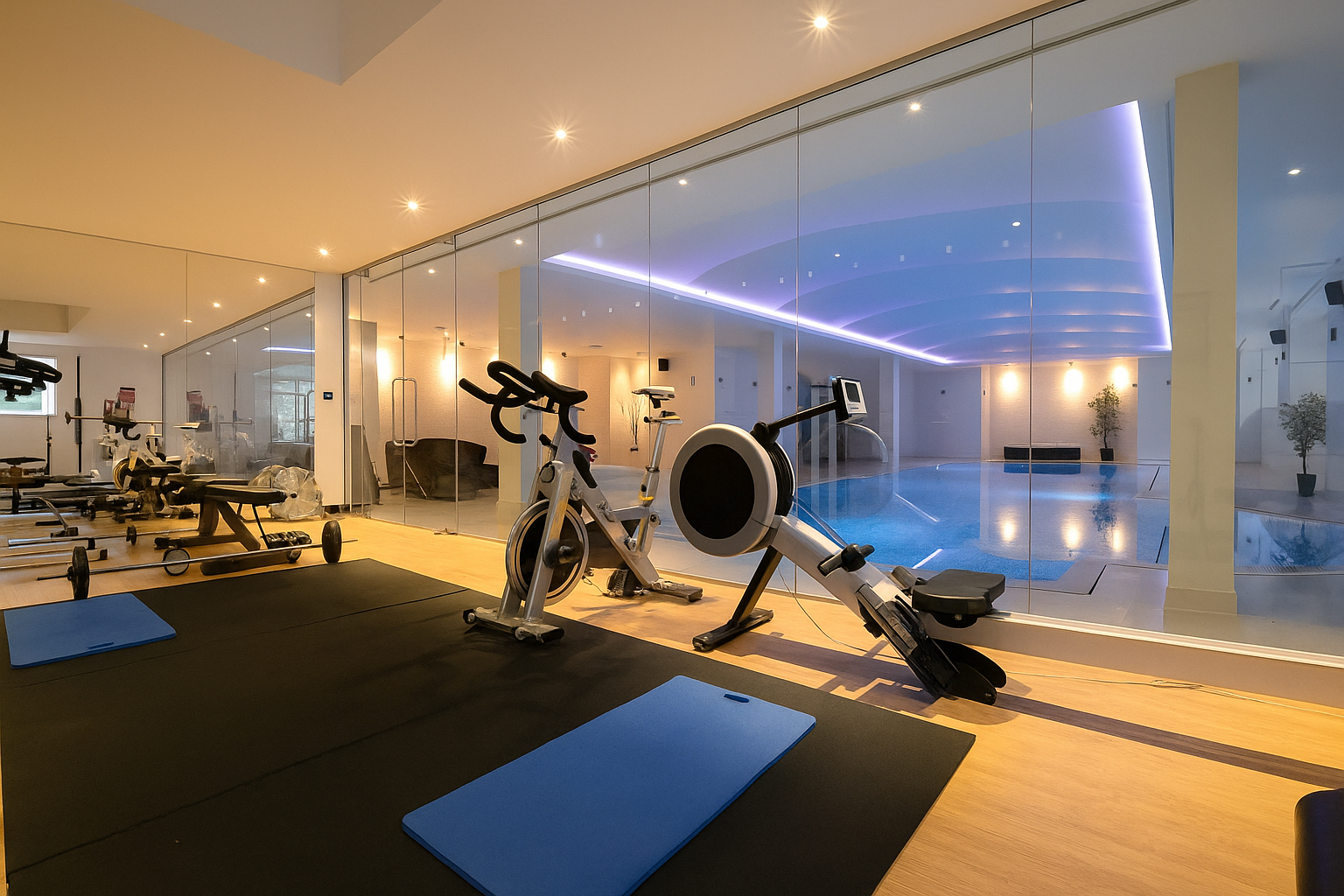 Indoor gym with exercise bikes, weight equipment, black mats, and a view of an indoor pool through glass walls with purple lighting.