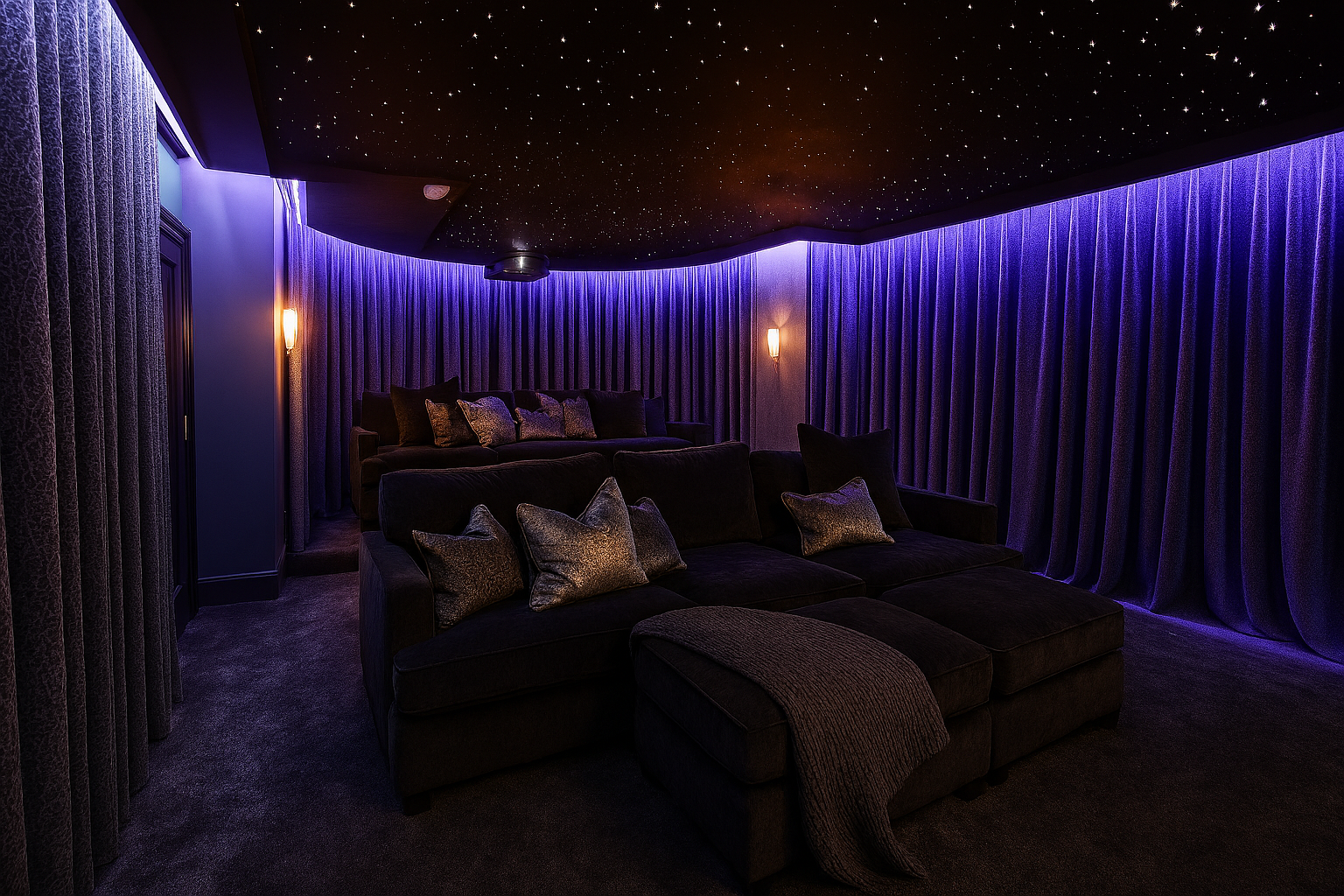 A luxurious home theater room with dark velvet couches, starry ceiling, purple ambient lighting, and purple velvet curtains lining the walls.
