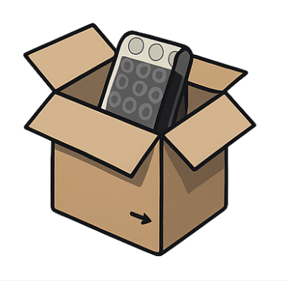 Ein offener Karton mit einem Fernauslöser und einem Videospiel-Controller.