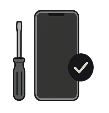 Smartphone mit Häkchen-Symbol und Schraubendreher